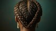© Vader Stocker - Woman with Intricate Brown Braids Dark Teal Background