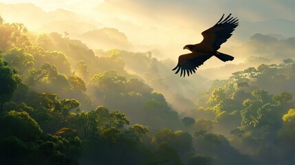 Wall Mural - a majestic bird soaring above a verdant forest teeming with towering trees and sun-kissed hillsides