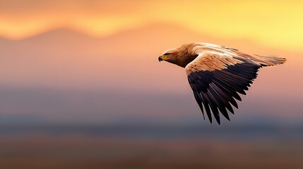 Wall Mural - a bird soaring against a sunset-colored sky with majestic mountains behind it