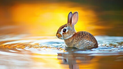 Wall Mural -   Close-up rabbit in water, with blurred background and yellow light behind