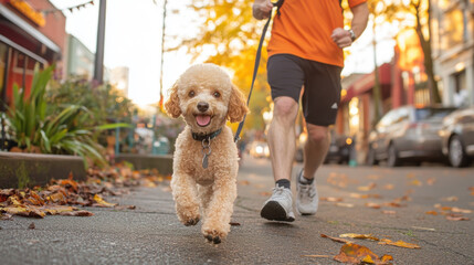 Wall Mural - Poodle dog, A jogger runs with a poodle on a leash in this high-fidelity stock image, showcasing an active outdoor lifestyle.