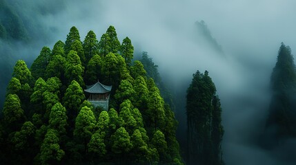 Wall Mural -   An aerial view of a forest featuring a pagoda in its center, enveloped by fog and low-lying clouds