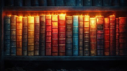 Poster - Ancient Books Glowing On Wooden Shelf In A Dark Room