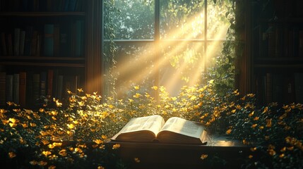 Poster - Open Book Sunlight Flowers Library Window