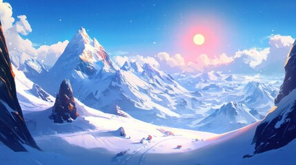Poster - Majestic Snowy Mountain Range Under Sunset Sky