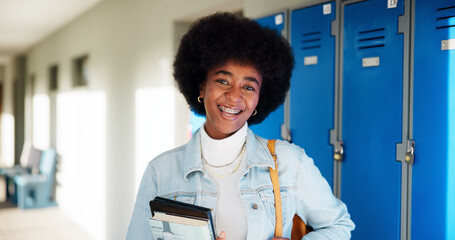 Aufkleber - Books, student and portrait of black woman and lockers for education, future and research thesis. Scholarship, studying and learning with person on University campus for knowledge, course or academy