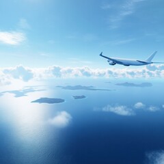 Poster - Flying over the vast blue ocean with small islands scattered beneath a clear sky. Generative AI