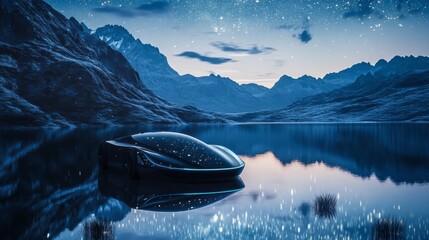 Wall Mural - A car is floating on the water in front of a mountain. The car is a futuristic design