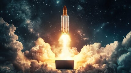 Poster - Space rocket launch from a laptop computer. Business startup innovation concept.