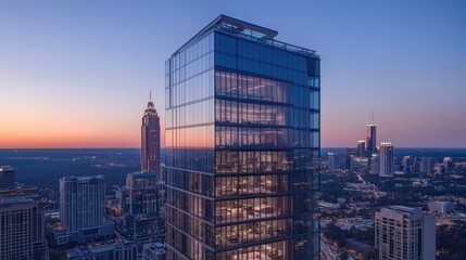 Poster - Modern Glass Skyscraper at Sunset Over City Skyline