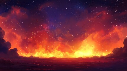 Poster - Fiery landscape under a starlit night sky