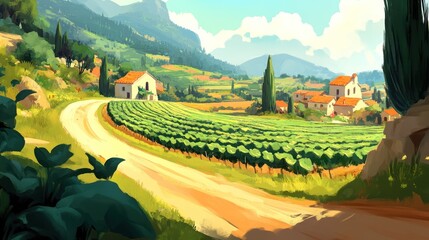 Poster - Serene Vineyard Landscape With Rolling Hills and Houses