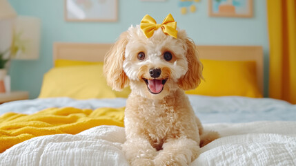 Wall Mural - Poodle dog, A toy poodle sitting on a soft blanket, wearing a cute outfit, captured in high fidelity detail.