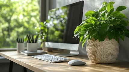 Poster - Modern Workspace Featuring Computer and Lush Green Plants