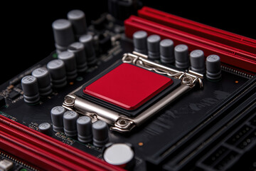 Poster - Close view of a computer motherboard with a red CPU cooler and surrounding components