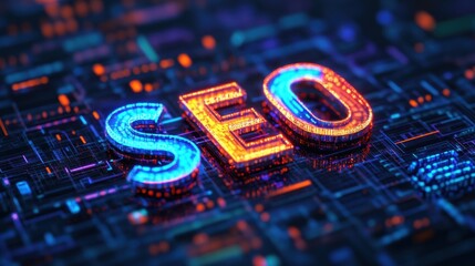 Poster - Vibrant digital representation of SEO, featuring glowing text and a dynamic background, ideal for marketing and technology themes.