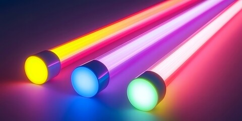 Aufkleber - Three neon tubes with yellow, blue and green bases are glowing in the dark, creating a vibrant and colorful atmosphere
