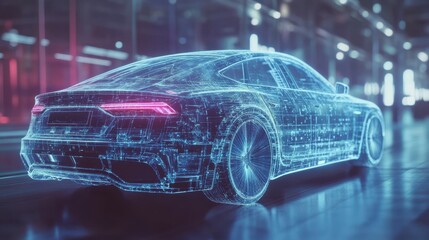 Poster - Car with abstract digital interface on bokeh background. Automation and transport concept. Multiexposure.