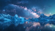 © Thiago - Milky way arching over a serene arctic landscape with icebergs and calm water reflecting the stars. Arctic Arch. Illustration