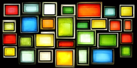 Aufkleber - Vibrant neon squares and rectangles glowing against dark backdrop, creating dynamic geometric light design with electric color intensity
