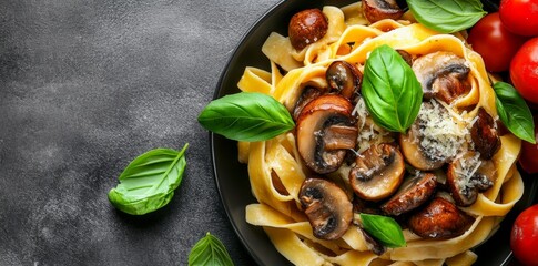 A simple table setting featuring homemade pasta with mushrooms and fresh basil