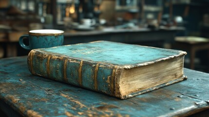 Poster - Antique Book Rests on Weathered Wooden Table Near Cup