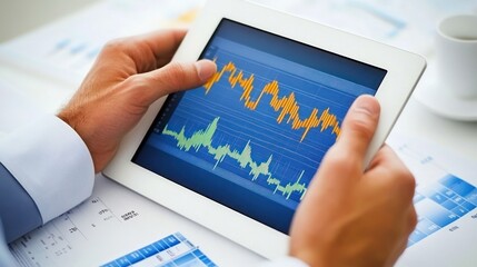 Poster - Hands Holding Tablet Displaying Financial Market Data