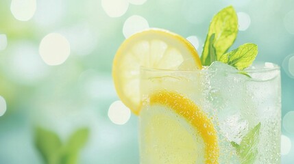 Wall Mural -   A close-up of a glass of water with a lemon and mint garnish on the rim