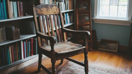 Poster - Old Wooden Chair Near Bookshelves In A Room