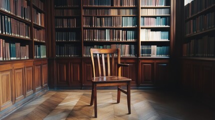 Poster - Wooden Chair in a Classic Library with Bookshelves