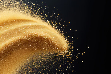 Poster - Golden particles dance in the air with a dramatic flow against a dark background
