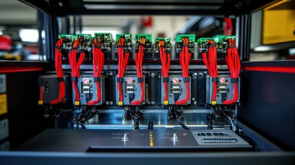 Poster - Red wired electronic components inside a technological device