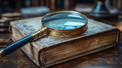 Poster - Antique Magnifying Glass Rests on Aged Book