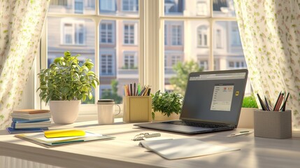Poster - Sunny Workspace Near Window With Laptop And Plants