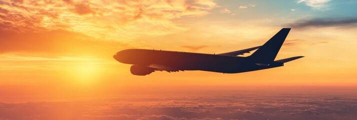 Poster - Airplane soaring through a golden sunset sky over a tranquil horizon. Generative AI
