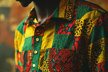 Close-up of a person wearing a colorful patchwork shirt with intricate patterns