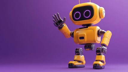 Poster - 3D robot in purple background with hand up, expressing hello or support. Friendly chatbot renders for technology and robotic toy concepts.