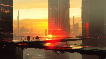 Poster - Futuristic Cityscape Sunset Glowing Towers Reflecting Water