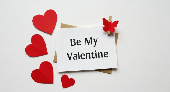 A white Valentine day postcard with black text that reads Be my valentine there is a small red butterfly attached to the top right corner of the card on white background valentine's card