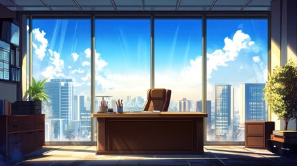Poster - Modern Office with Panoramic City View Sunlight