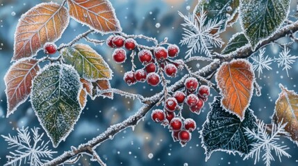 Poster - Frozen Berries and Leaves in Winter Wonderland