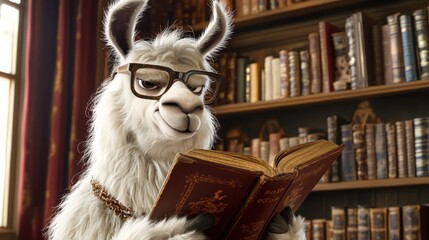 Poster - Llama Reads Book In Library Setting