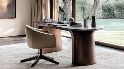 Poster - Modern Wooden Desk With Ergonomic Chair Near Window