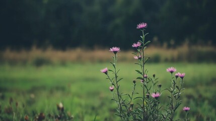 Wall Mural - Pink wildflowers in a green field.