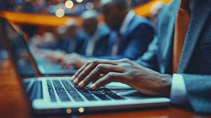 Poster - Dark hands typing on a laptop during a conference