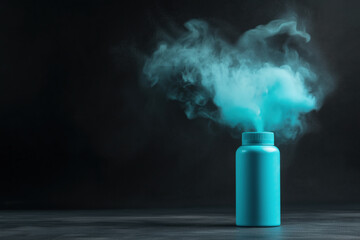 Poster - Turquoise container releasing vibrant smoke creates a striking visual in a dark setting
