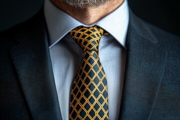 Professional man dressed in formal attire showcasing a modern patterned tie against a dark backdrop