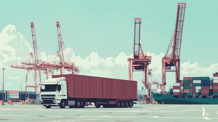 Poster - Cargo Truck Awaits Shipment At Busy Harbor Docks