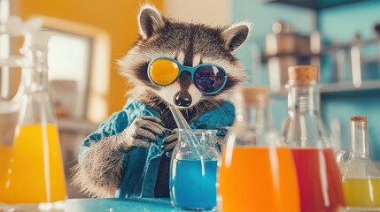 Poster - Raccoon Scientist Conducts Colorful Laboratory Experiment