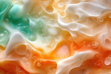 Poster - Colorful liquid swirling with bubbles in abstract pattern on a smooth surface